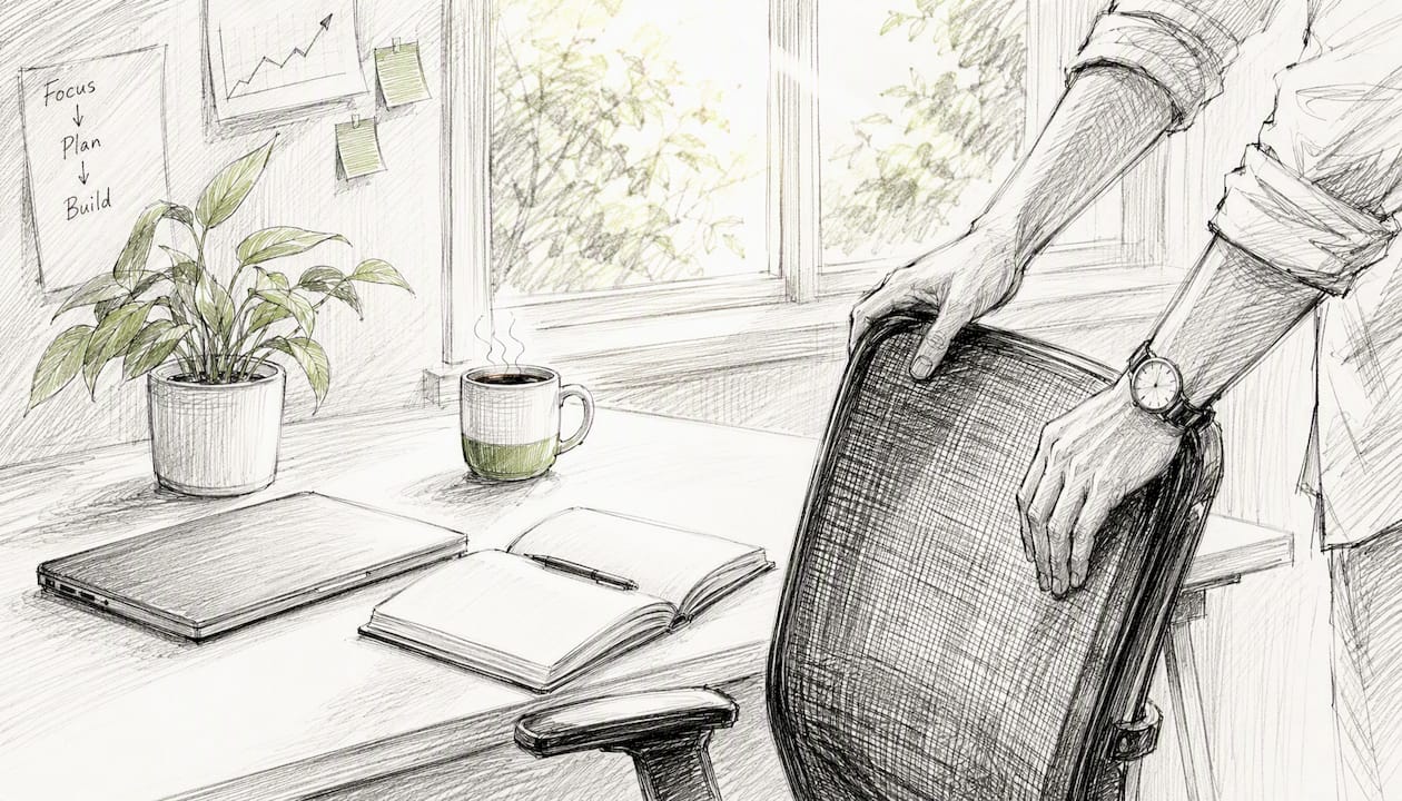 Minimalist workspace with notebook and coffee