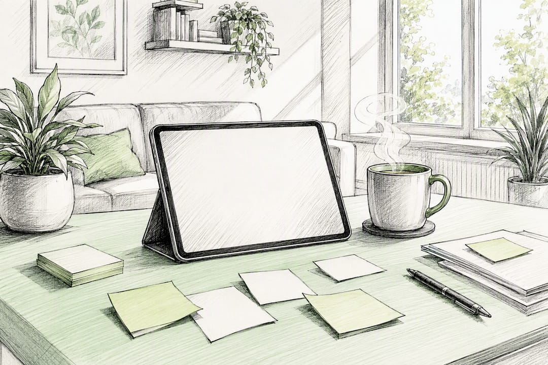 Minimalist desk with onboarding checklist and coffee