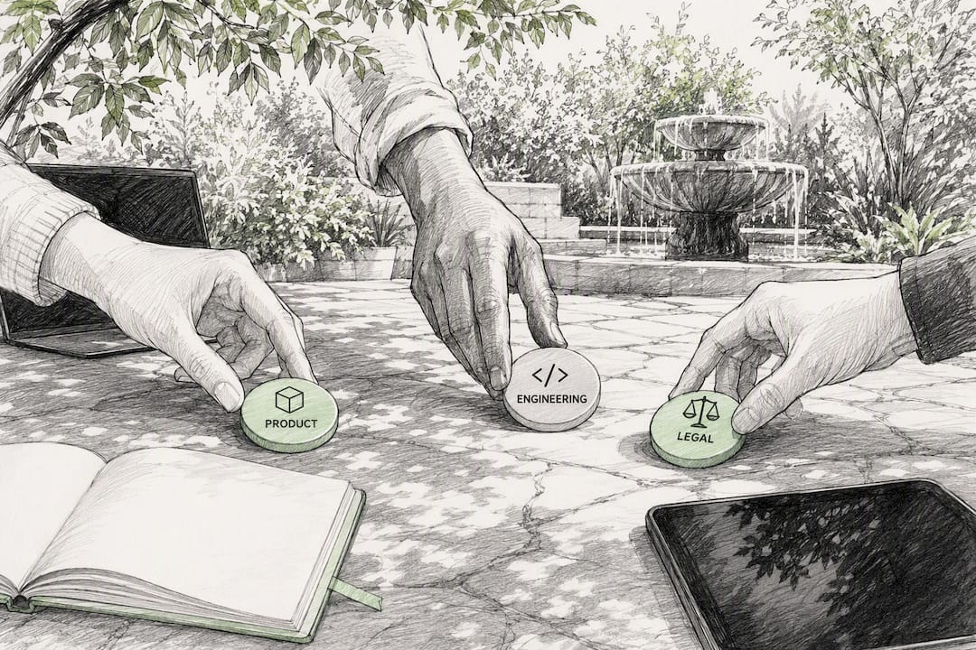Hands assigning project ownership tokens on table