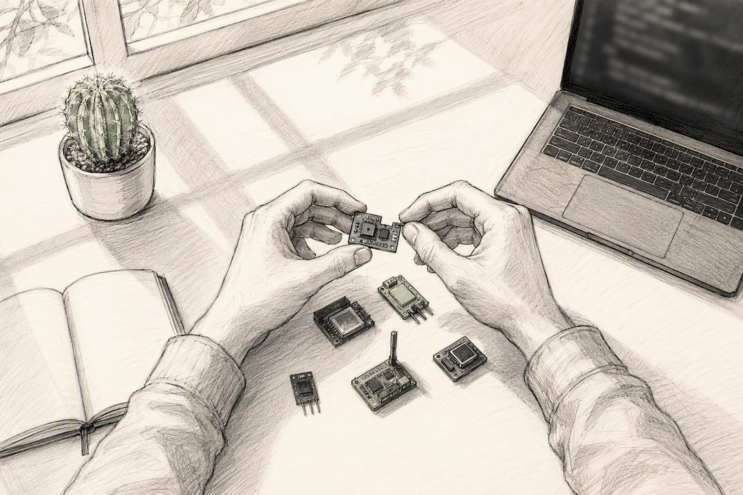 Hands assembling digital device modules on desk