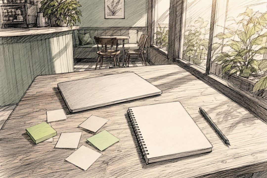 Desk with AI tools and devices in bright home office
