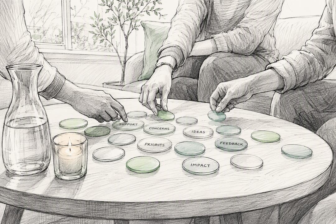 Hands placing tokens symbolizing teamwork and feedback