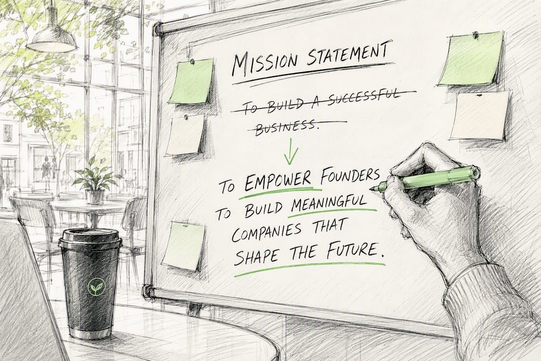 Founder editing mission statement draft on whiteboard