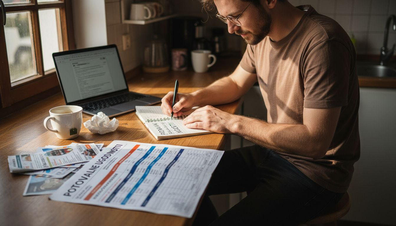 Nekdo sedi za kuhinjskim pultom in primerja različne ponudbe za potovanja.