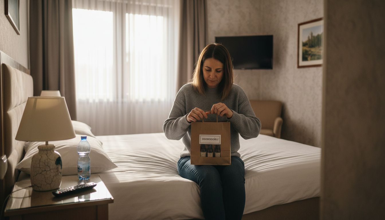 Gost pažljivo pregledava hotelsku sobu i provjerava detalje poput ručnika, aparata za kavu i kozmetike u kupaonici
