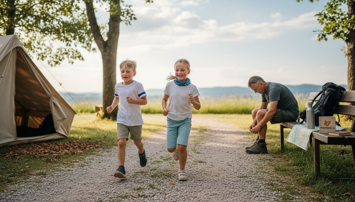 Otroci veselo tekajo po zelenici na podeželskem kampu.