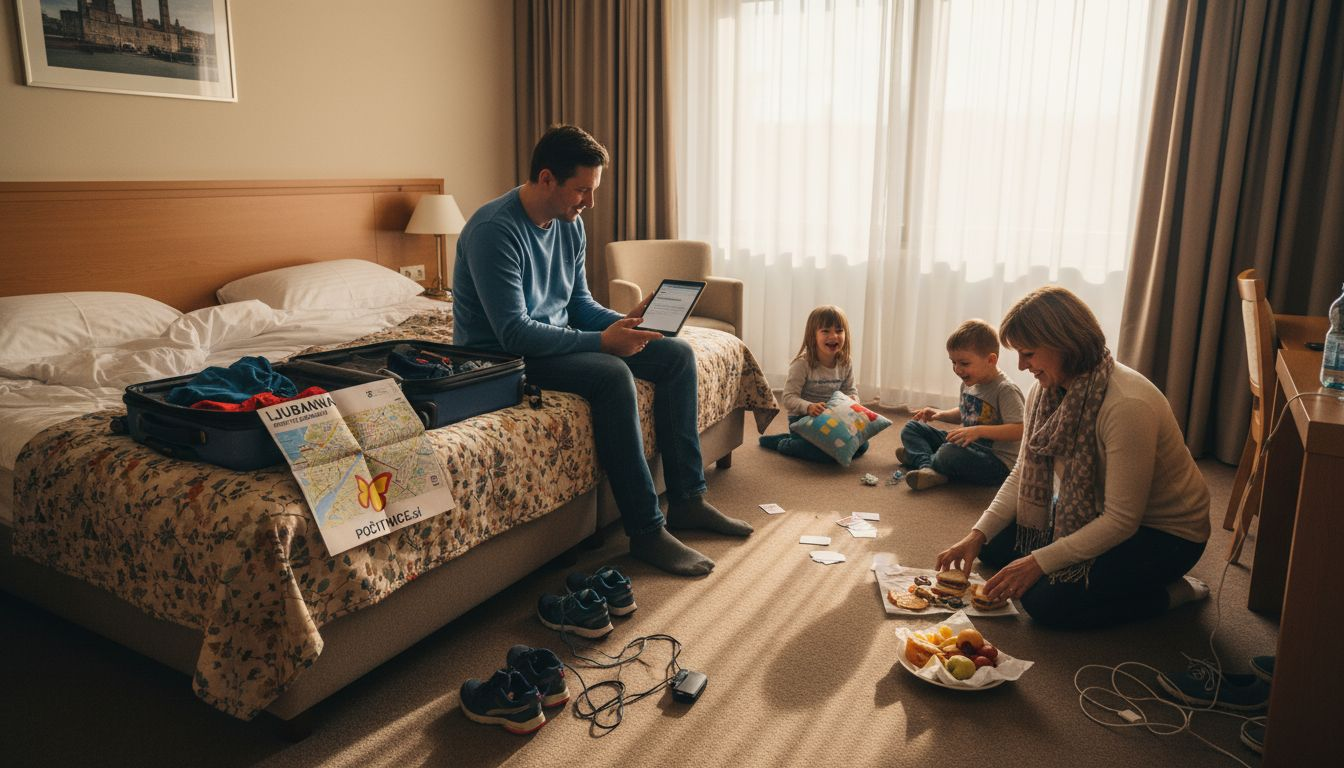 Družina odloži kovčke v hotelski sobi in skupaj pregleduje zemljevid ter načrtuje, kaj bodo raziskovali v mestu.