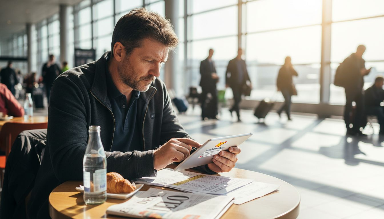 Moški v letališki kavarni pregleduje ugodne ponudbe za potovanja.