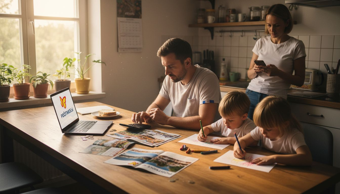Družina za kuhinjsko mizo skupaj pregleduje, koliko si lahko privošči za letošnji dopust.