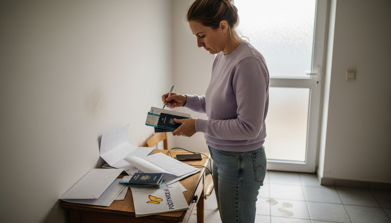 Žena na ulazu još jednom provjerava putne dokumente.