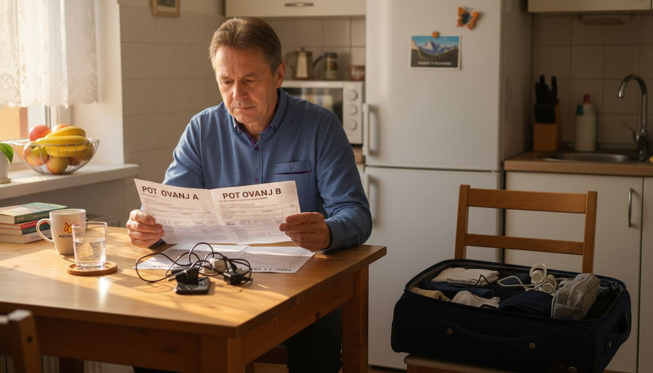 Muškarac priprema putne dokumente i organizira prtljagu za putovanje.