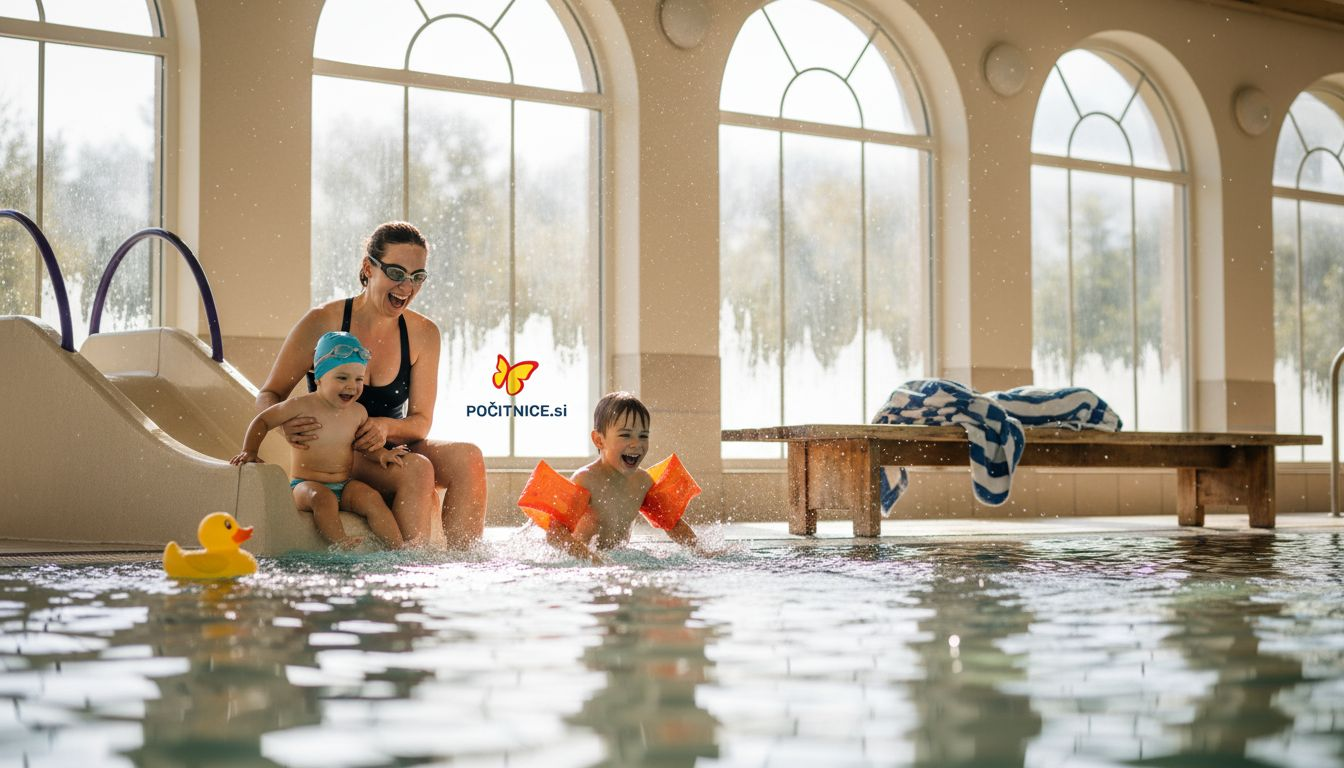Obitelj opušteno uživa u unutarnjem termalnom bazenu.
