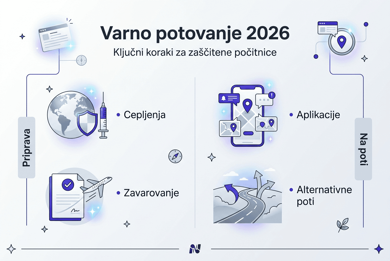 Grafični prikaz ključnih nasvetov za varno potovanje