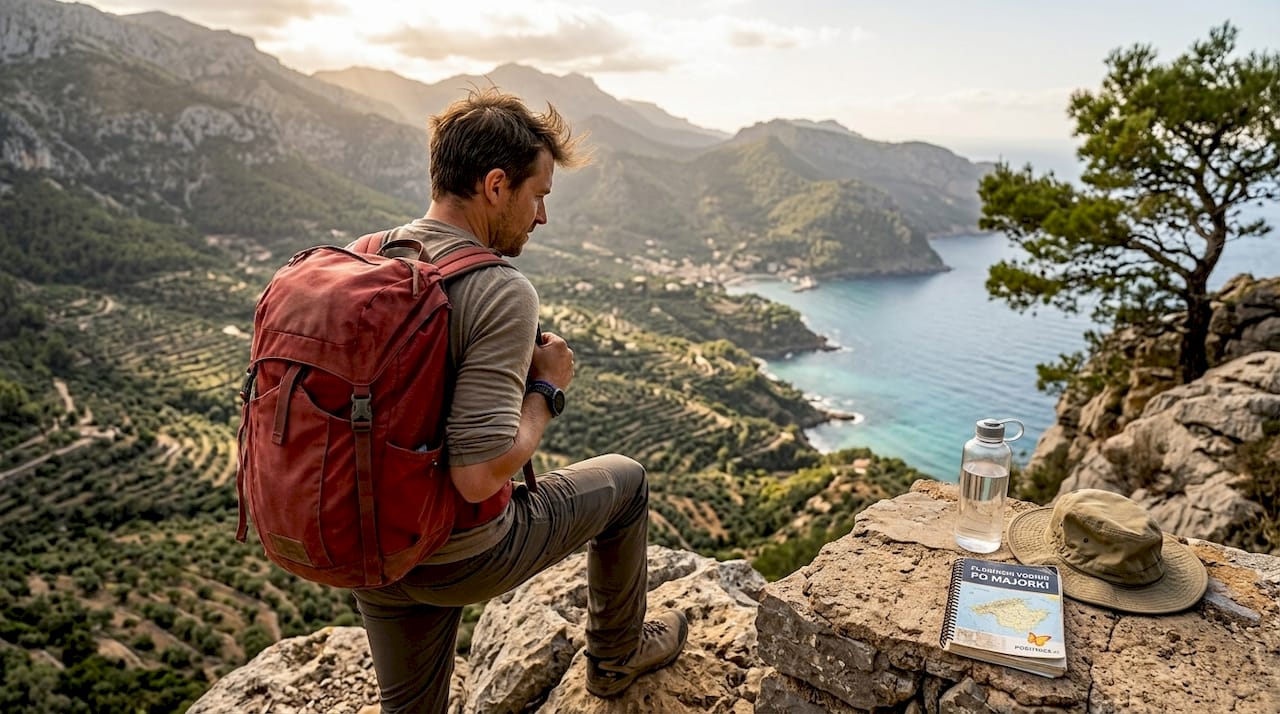 Planinar uživa u pogledu na planinski lanac Tramuntana i obalu Mallorce