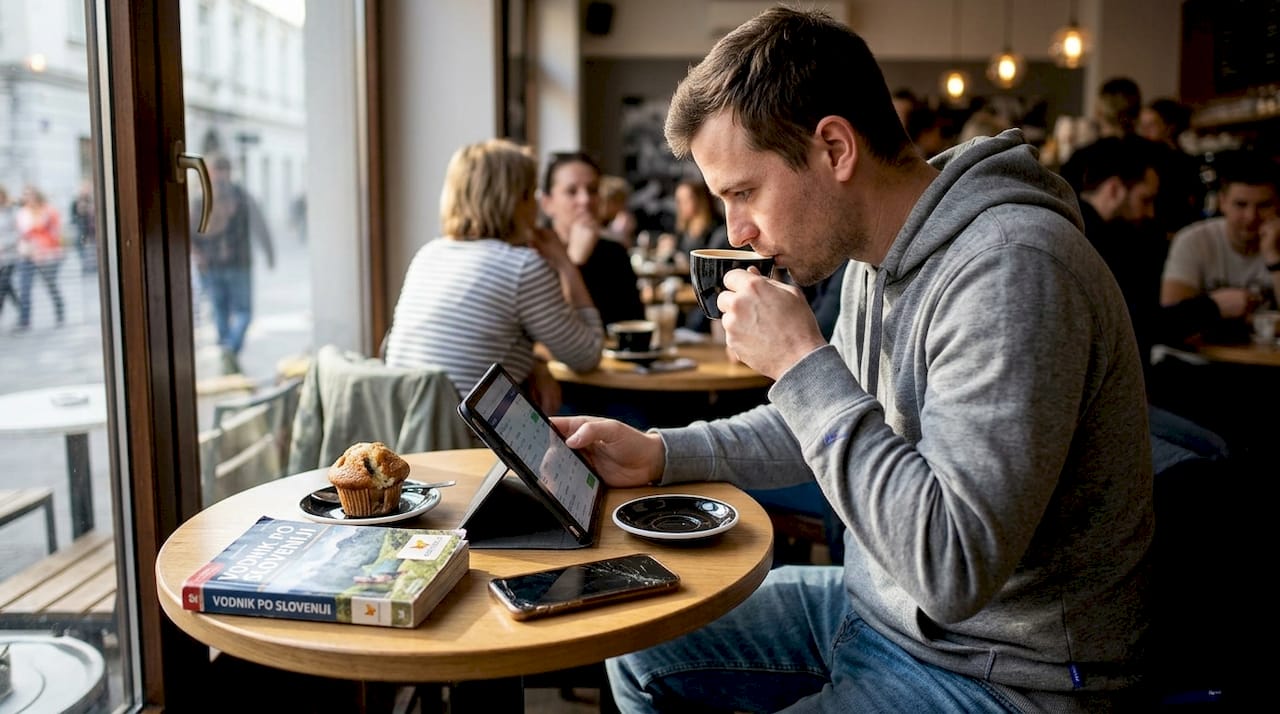 Muškarac uz kavu u kafiću provjerava cijene avionskih karata na svom telefonu.