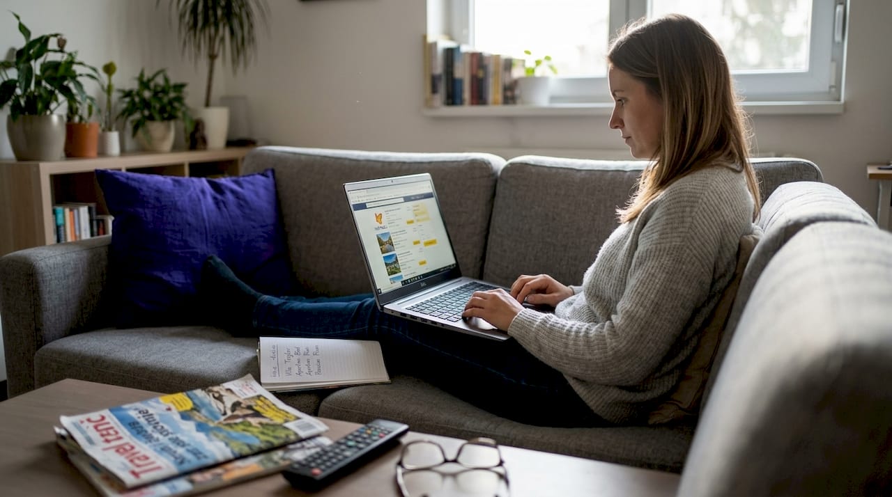Žena na prijenosnom računalu uspoređuje različite ponude za let i hotel
