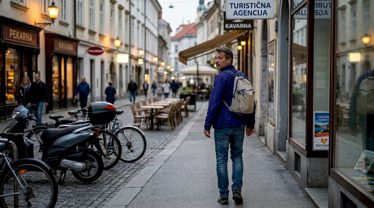Popotnik previdno stopa po živahni mestni ulici in se izogiba gneči.