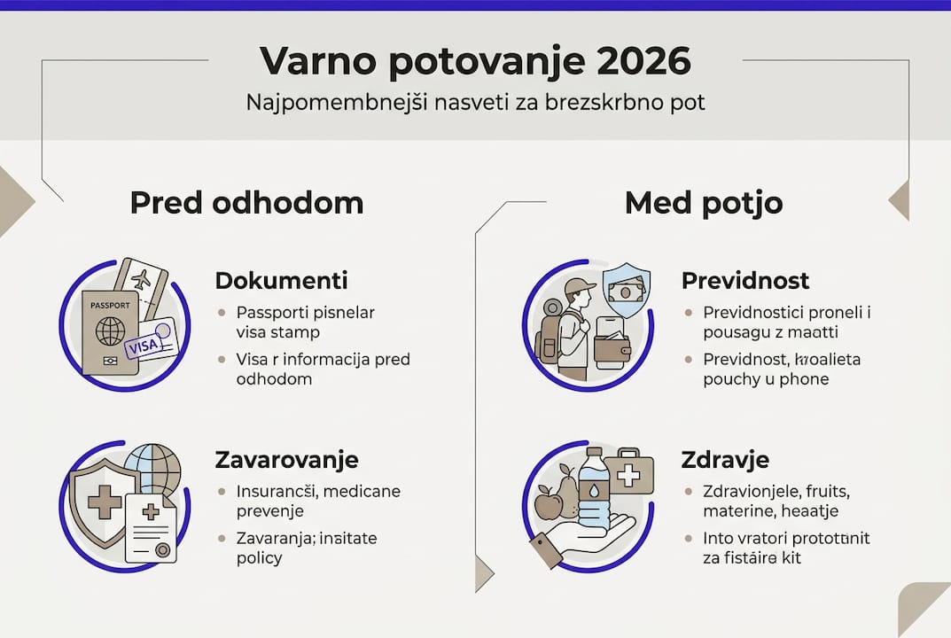 Pregled najpomembnejših nasvetov za varno potovanje v obliki infografike