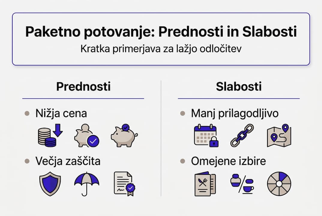 Grafični prikaz plusov in minusov organiziranih potovanj