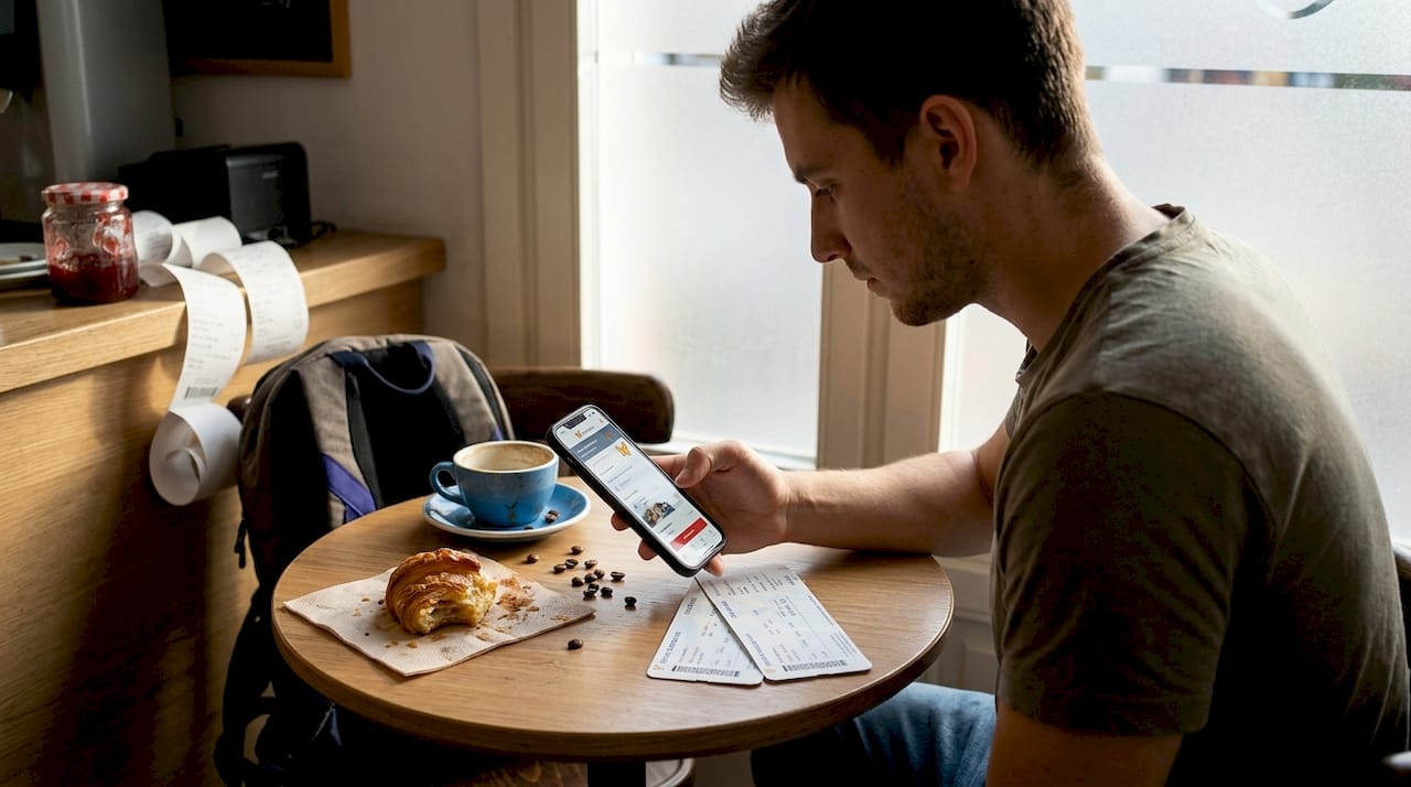 Moški ob skodelici kave v kavarni načrtuje svoje potovanje s pomočjo mobilne aplikacije.