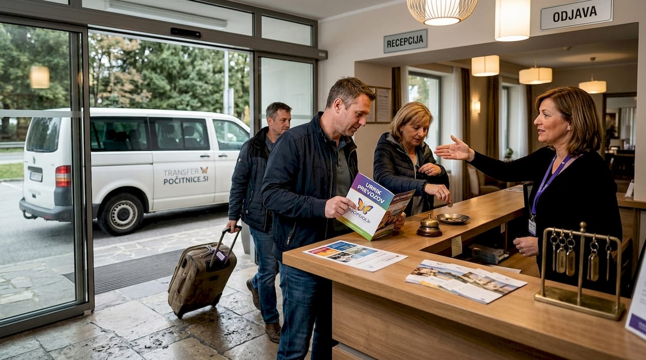 Pred hotelom se gostje zbirajo in pripravljajo na odhod s prevozom.