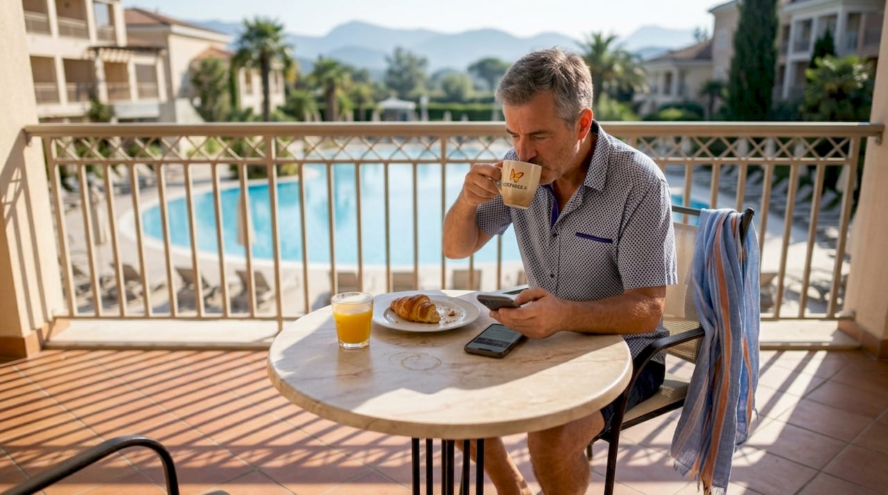 Gost hotela v jutranjem soncu uživa ob zajtrku na terasi.