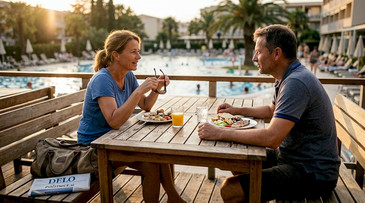 Dva uživata ob pogledu na teraso luksuznega hotela, kjer je vse vključeno.