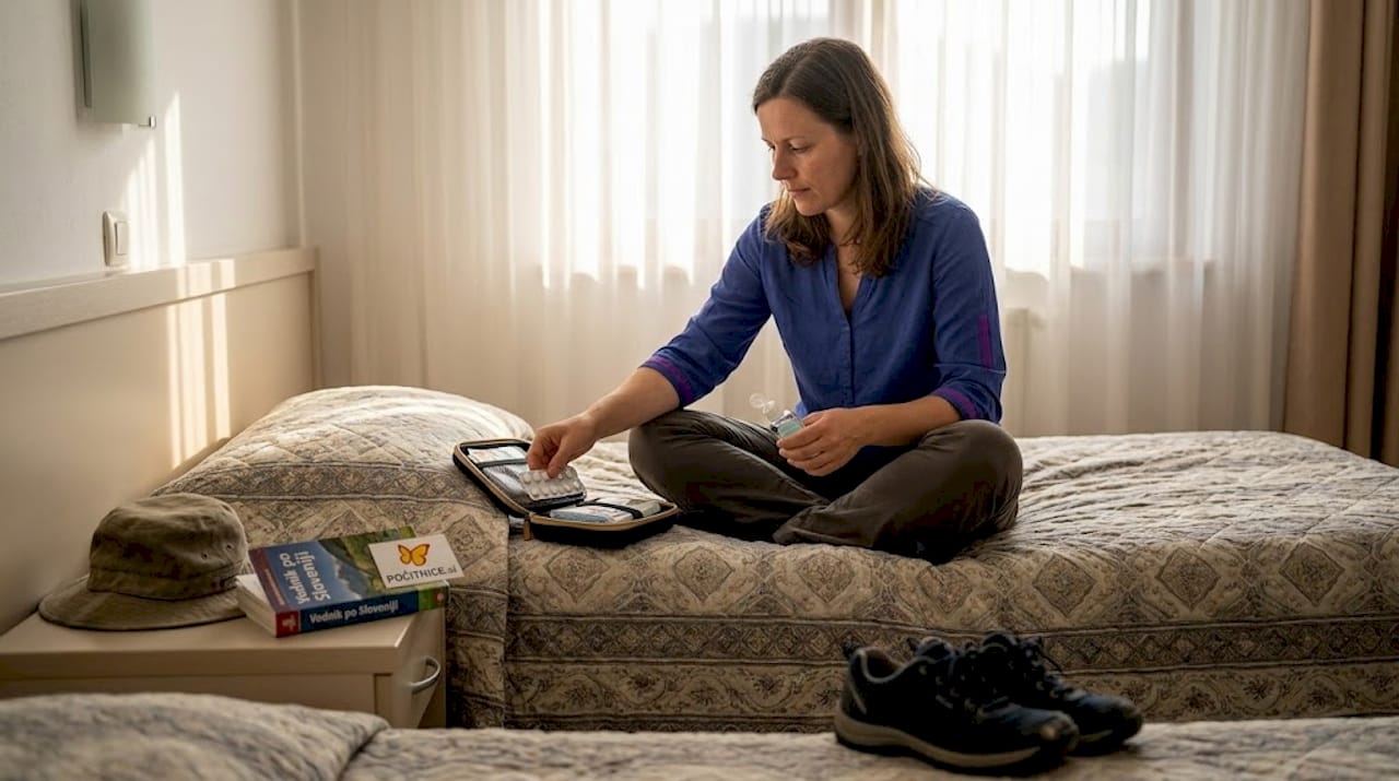 Popotnik si v hotelski sobi v Egiptu pripravlja osnovni komplet prve pomoči.