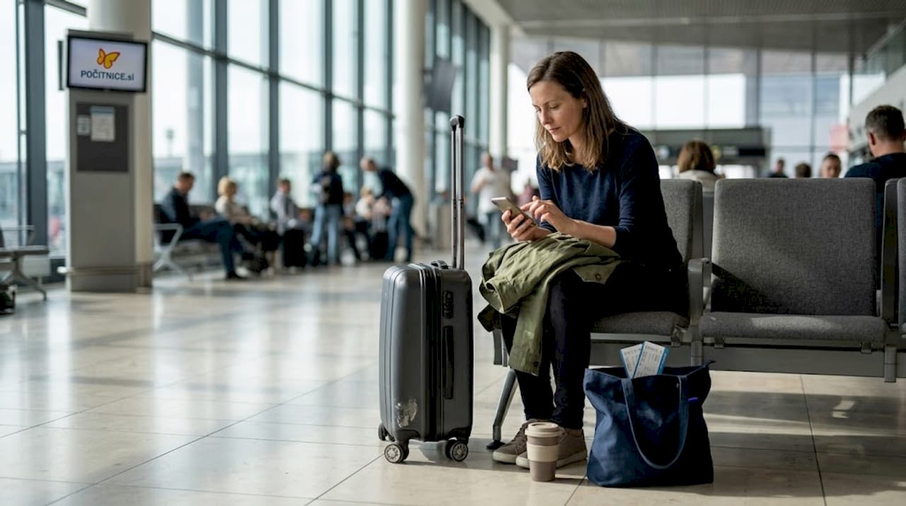 Popotnik na letališču nestrpno čaka na svoj let za Tenerife.