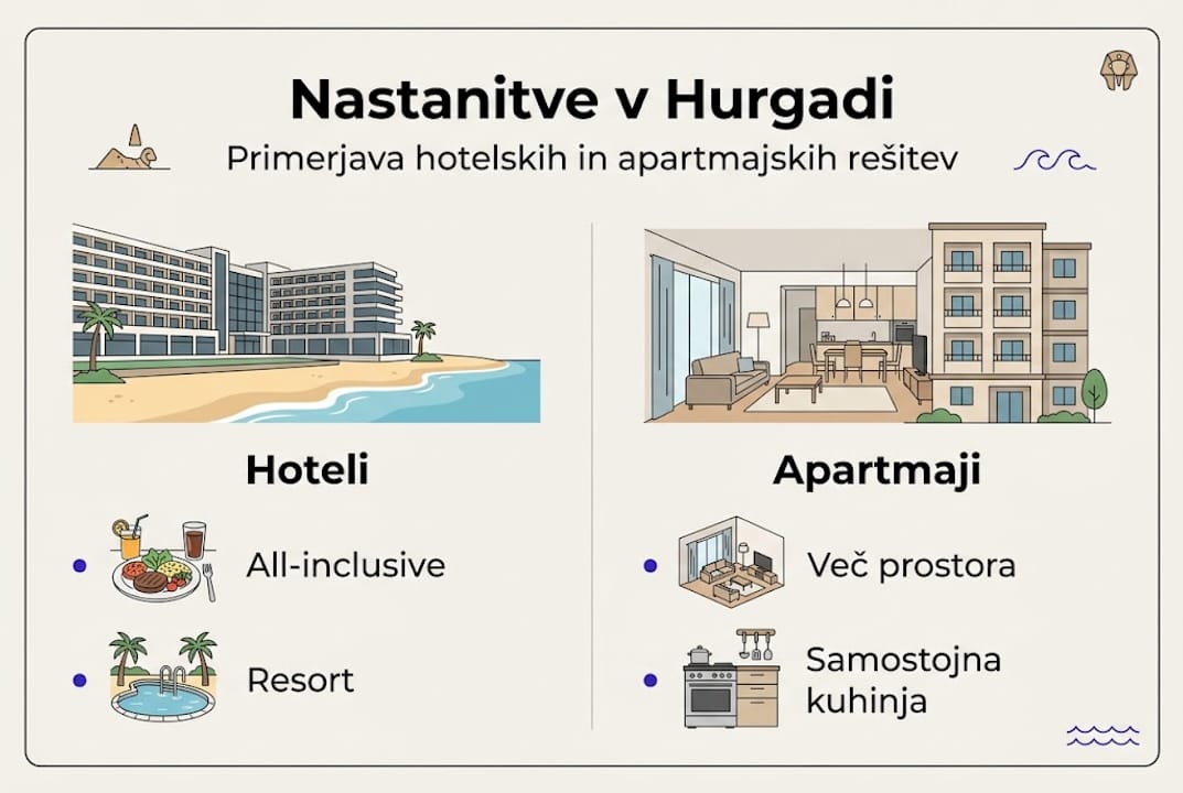 Pregled različnih vrst nastanitev v Hurgadi v obliki infografike