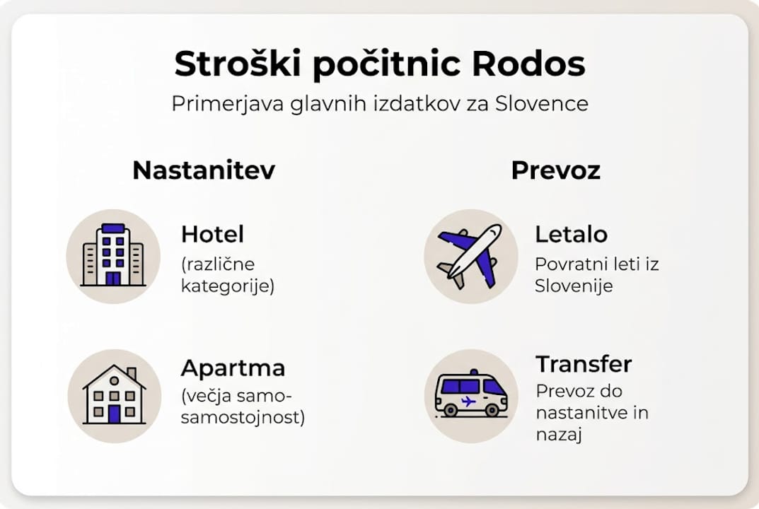Pregled stroškov počitnic na Rodosu v obliki infografike
