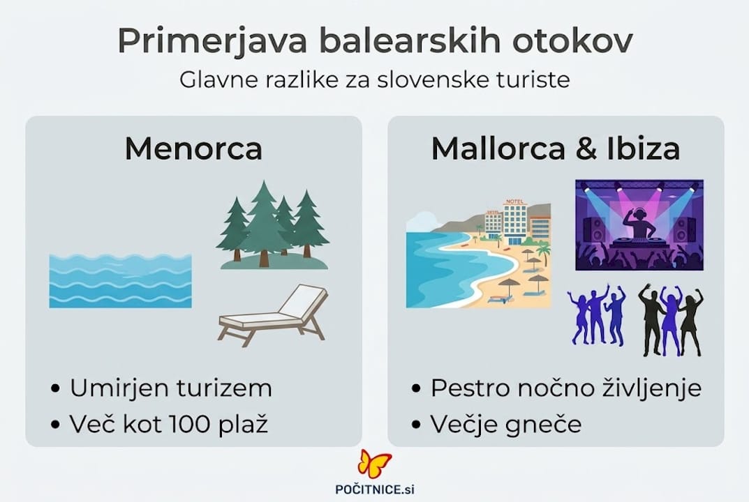 Infografika prikazuje in primerja ključne značilnosti Balearskih otokov.