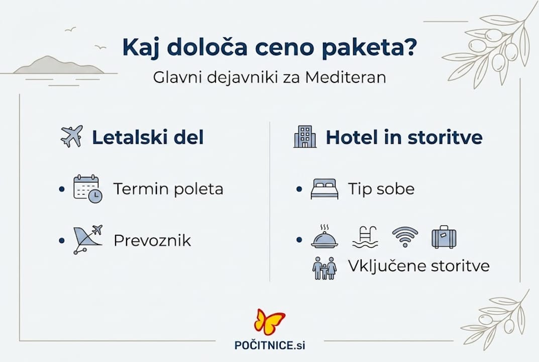 Pregled najpomembnejših dejavnikov, ki vplivajo na ceno paketa – prikazano na infografiki
