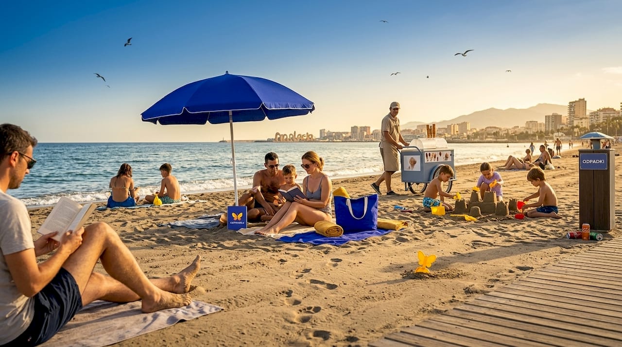 Poletni vsakdan na glavni plaži v Malagi je poln živahnega dogajanja – ljudje uživajo v soncu, se hladijo v morju, se družijo ob prigrizkih in pijači ter lovijo sproščene trenutke ob obali. Vonj po slanem zraku, smeh in brezskrbnost ustvarijo pravo mediteransko vzdušje, ki je značilno za poletne dni na tej priljubljeni plaži.