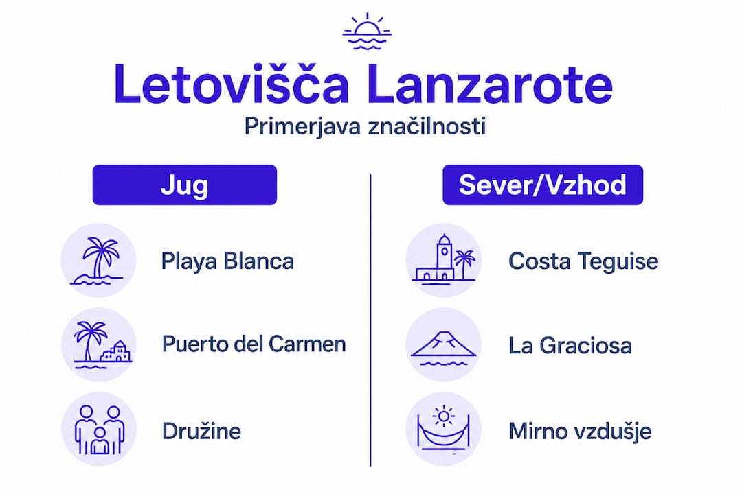Preglednica s ključnimi razlikami med glavnimi letovišči na Lanzarotu