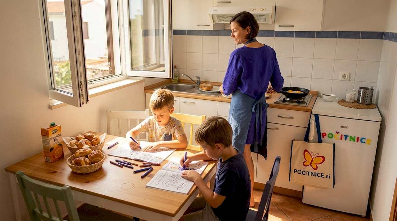 Ženska pripravlja zajtrk v kuhinji najemniškega apartmaja v Umagu.