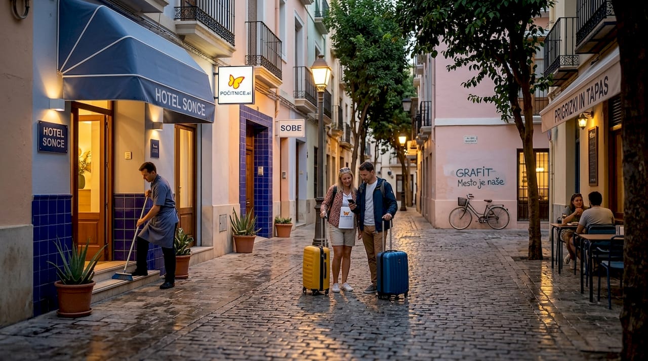 Ob mraku se po ulici Alicante sprehajajo turisti, medtem ko hotelska vrata vabijo v prijetno zavetje.