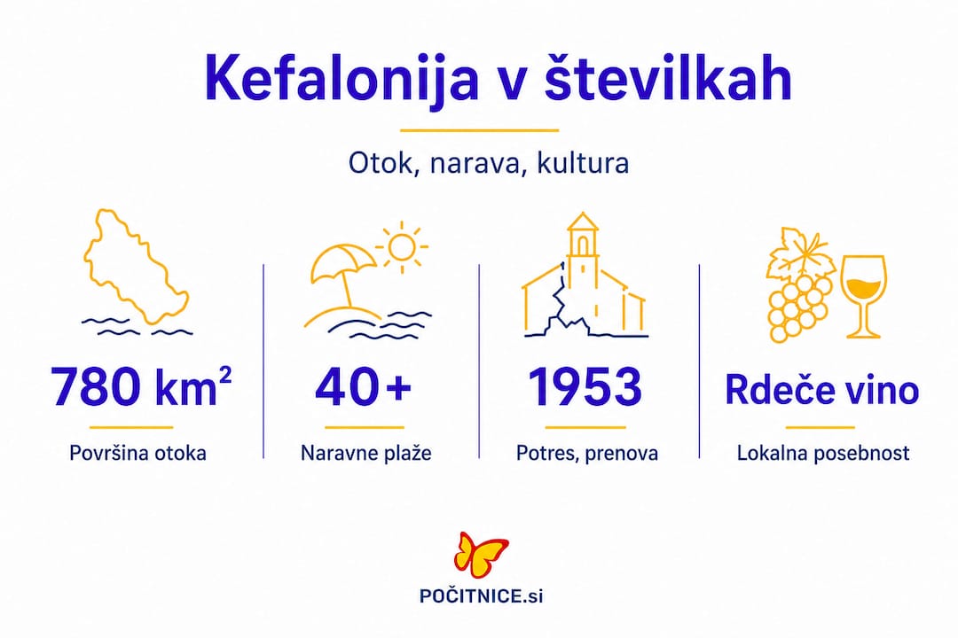 Infografika: zanimivosti o Kefaloniji – velikost otoka, najlepše plaže in lokalna vinska ponudba