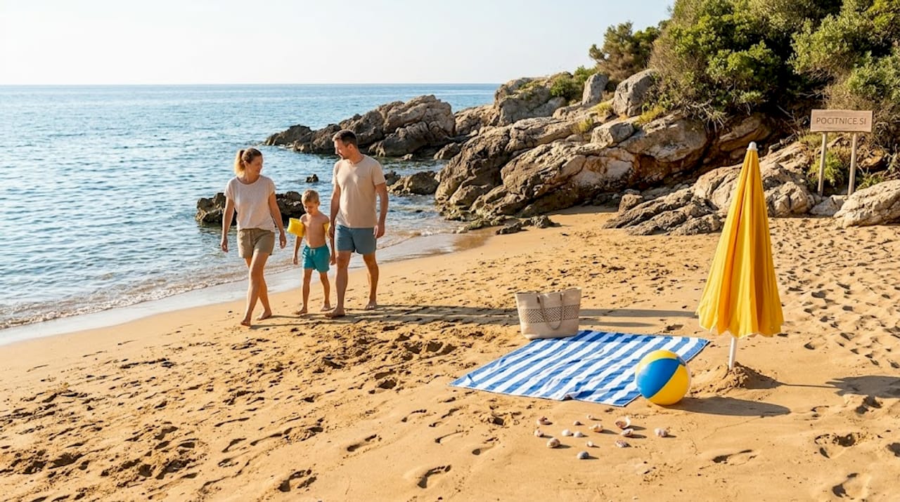 Družina brezskrbno uživa na peščeni plaži na Krfu.