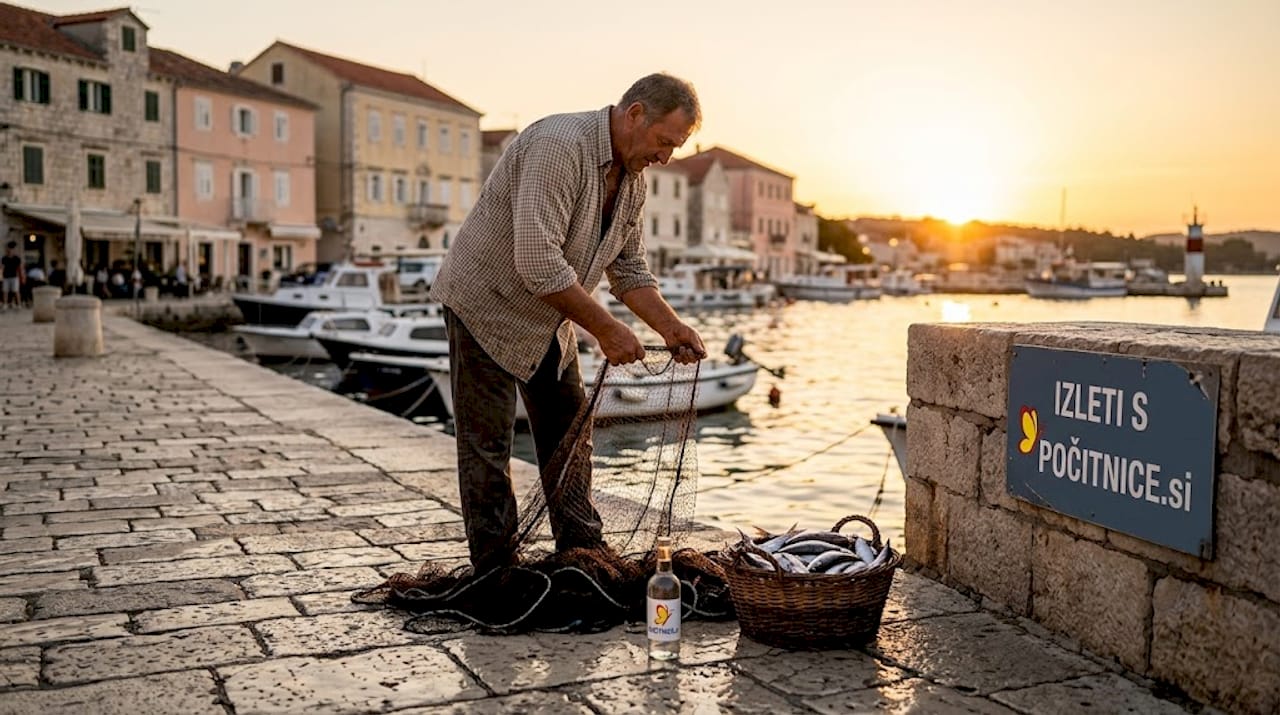 Ribič pri delu na supetarski promenadi