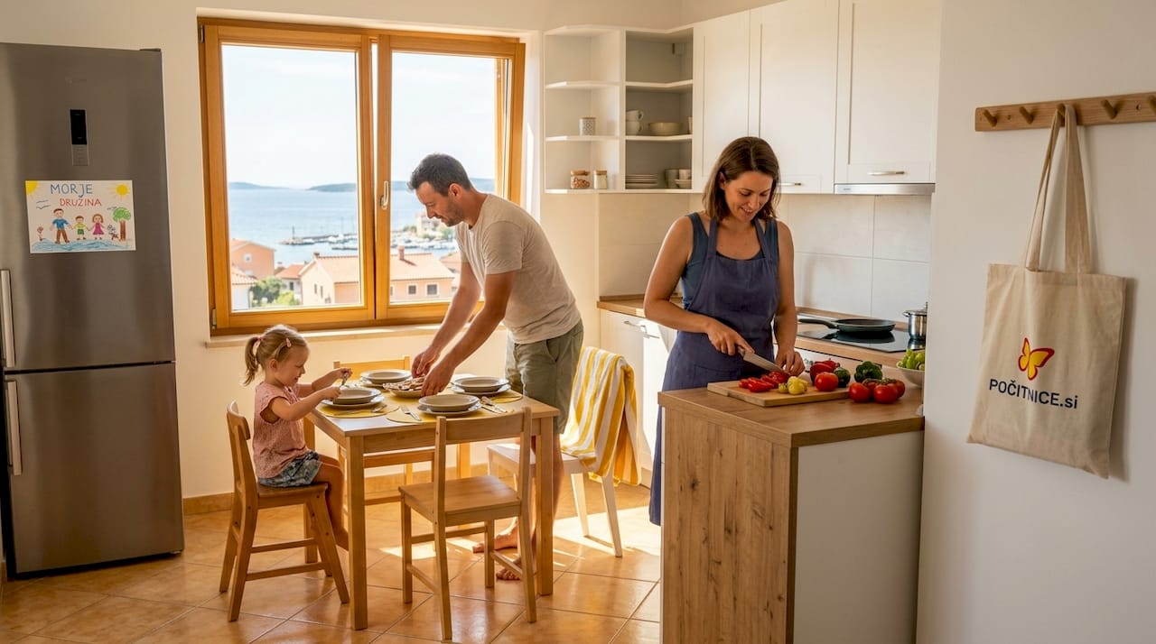 Družina v apartmaju ob morju skupaj pripravlja kosilo.