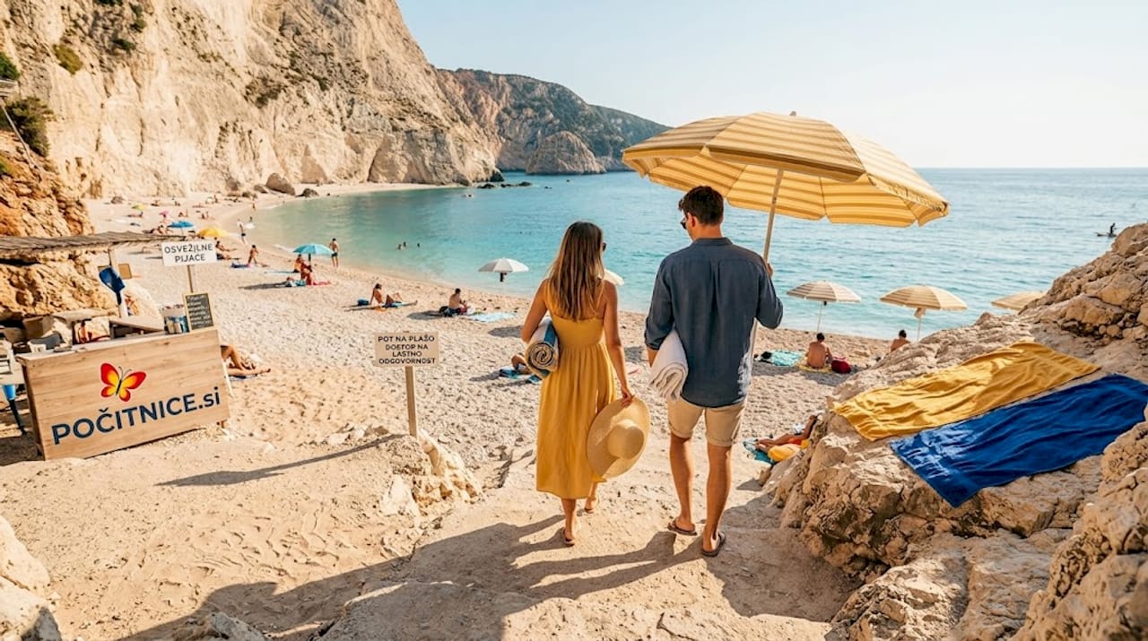 Obiskovalci plaže se po stopnicah spuščajo proti Porto Katsiki, eni najbolj priljubljenih in slikovitih grških plaž.