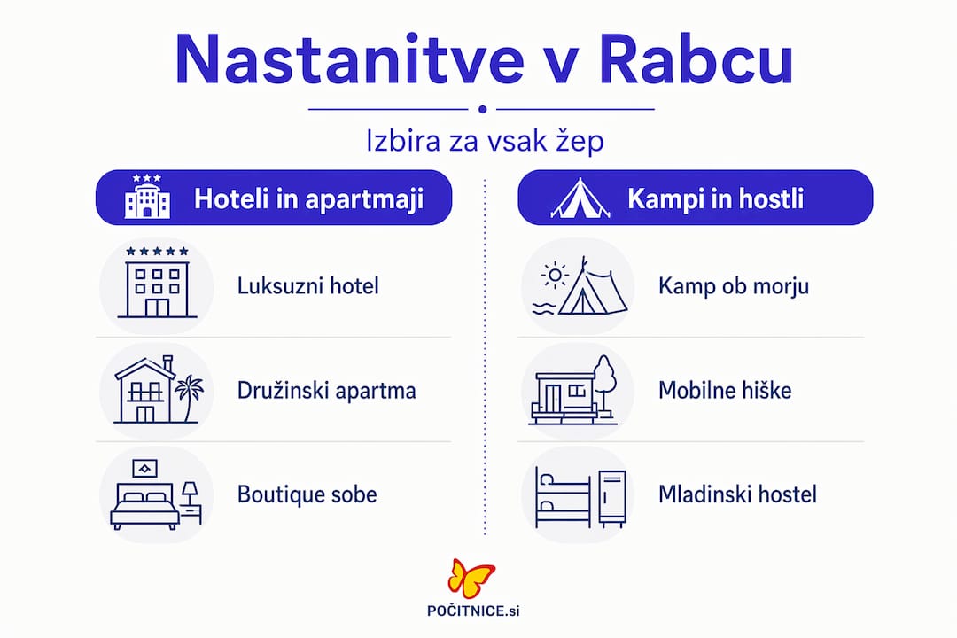 Pregledna infografika: primerjava hotelov, apartmajev in kampov v Rabcu