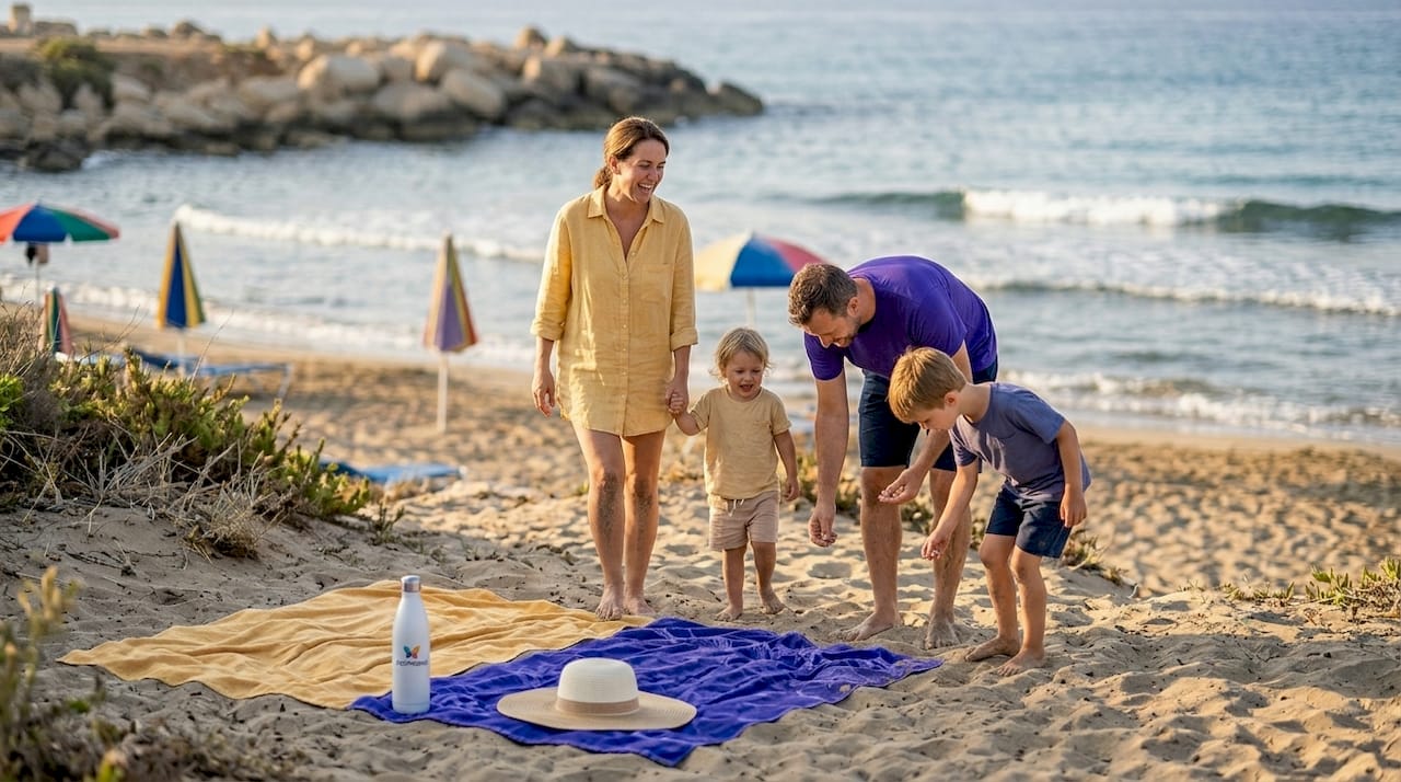 Družina se sprehaja po peščeni plaži Coral Bay na Cipru.
