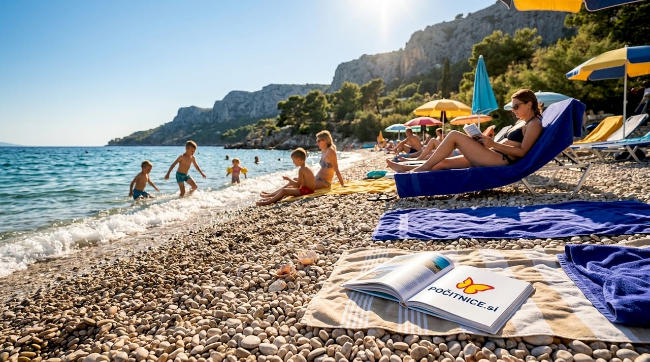 Prodnata plaža v bližini vasi Postira, kjer se obiskovalci sproščajo na soncu.