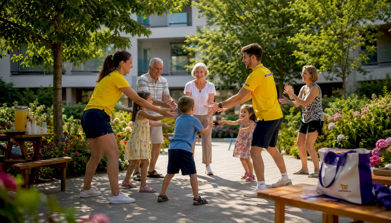 Družina se zabava na hotelskih animacijskih dejavnostih na prostem.