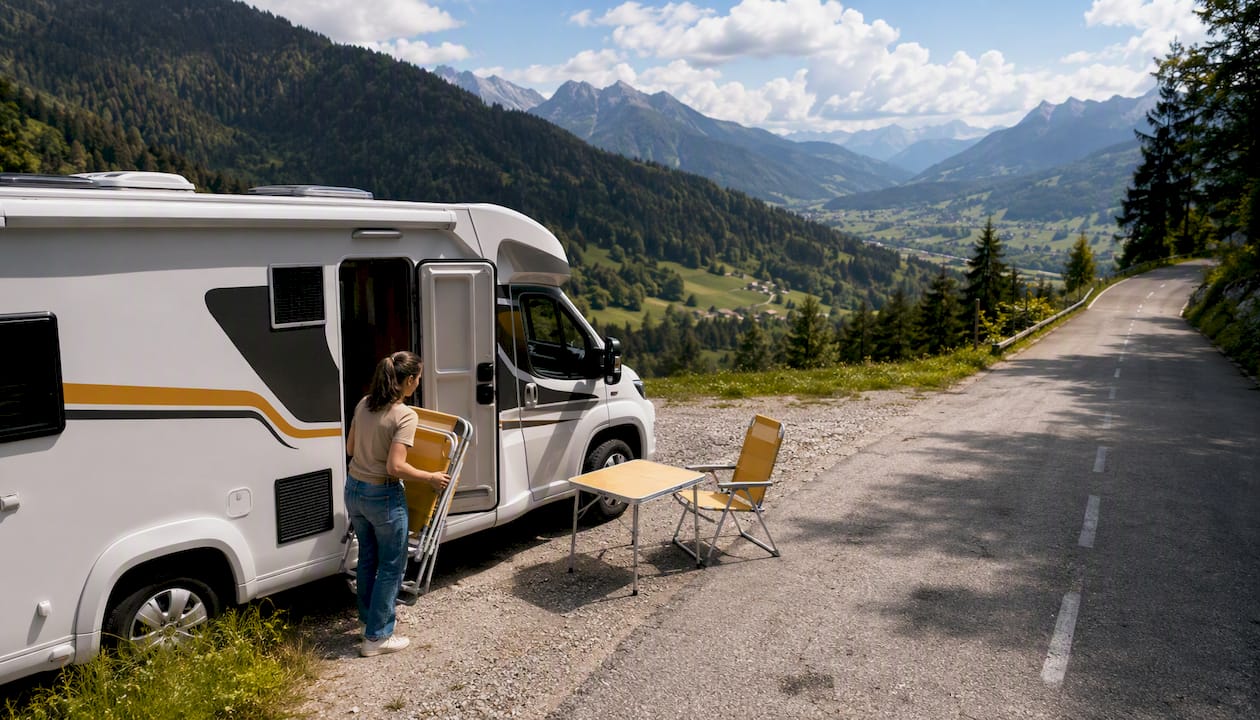 Kombi za kampiranje parkiran ob slikoviti alpski cesti