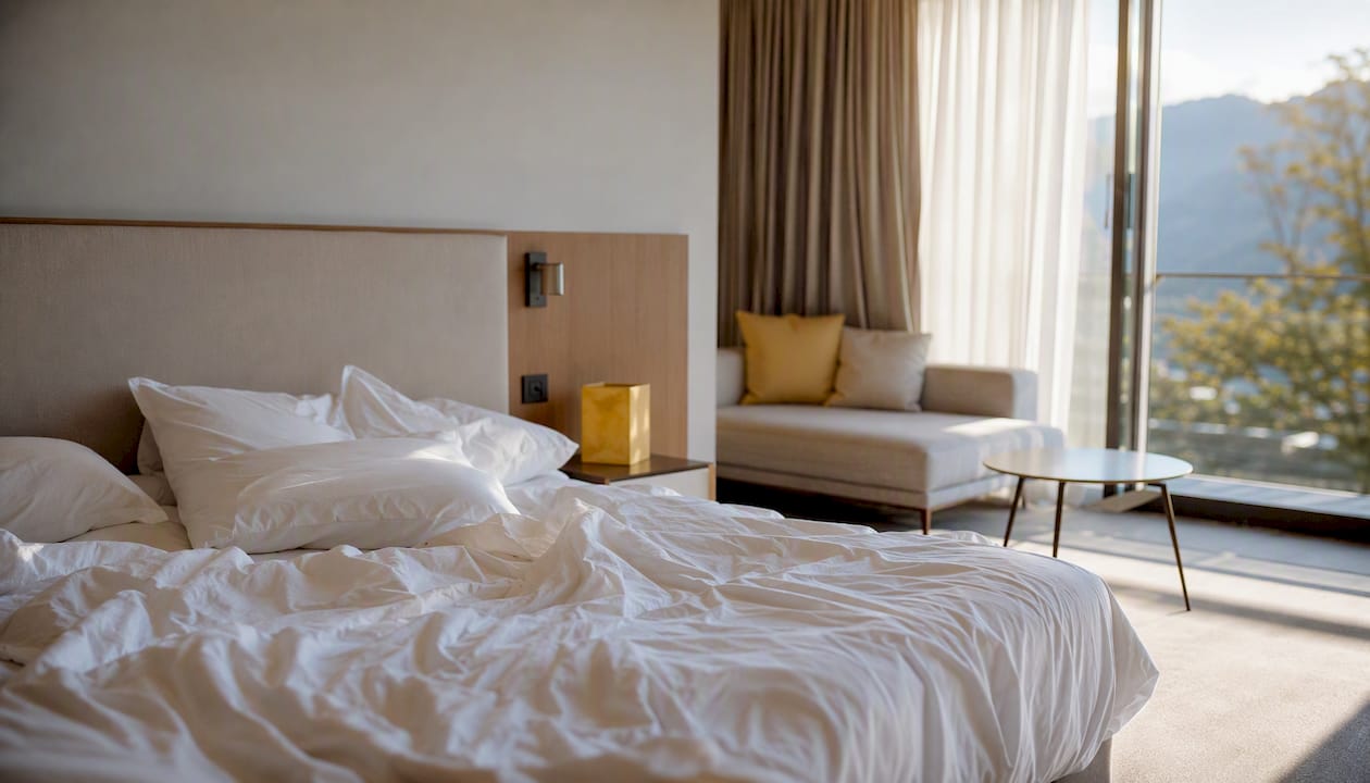 Sonce obsije hotelsko sobo, kjer je postelja še vedno razmetana.