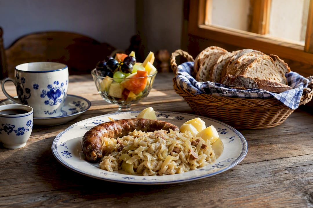 Tradicionalne slovenske jedi na rustikalni leseni mizi