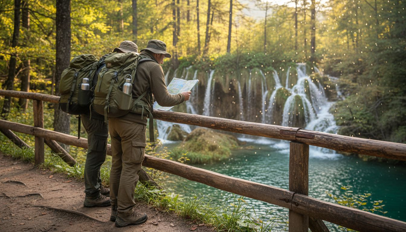 Tourists overlook Plitvice waterfall scenery